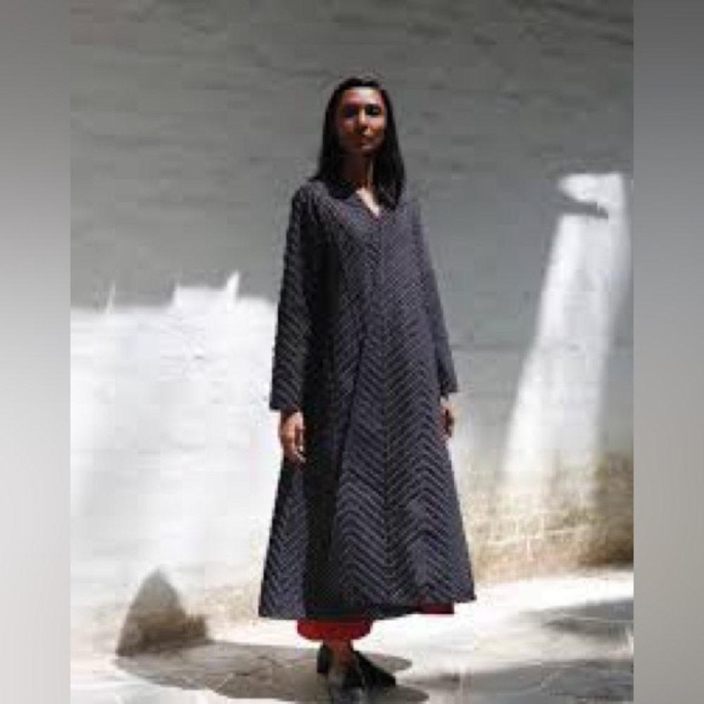 raag Blue and White A-Line Long Sleeve V-Neck Dress